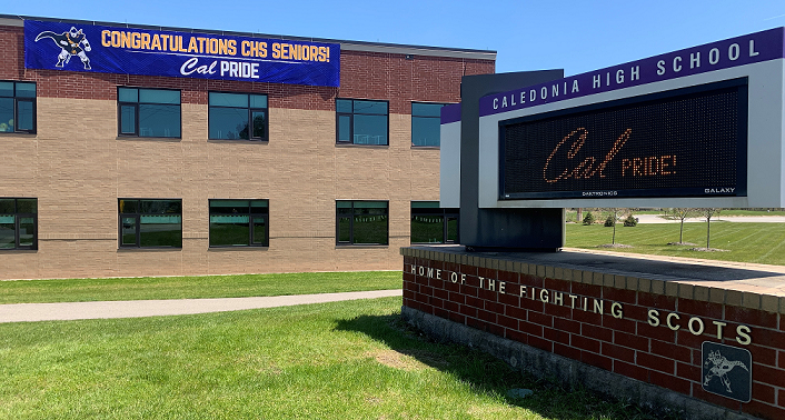 Photo of Caledonia High School with digital sign