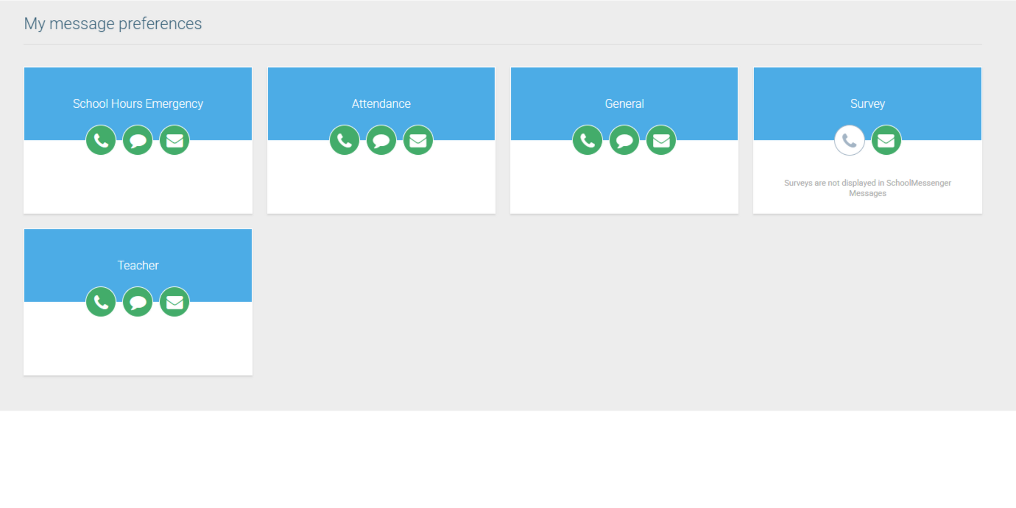 Screenshot of the ‘My Phone’ notification preferences page for Caledonia Community Schools. A phone number is shown at the top with consent to receive calls. Below are blue tiles for message types — School Hours Emergency, Attendance, Daily Health Assessment, General, Survey, and Teacher — each with options to receive a phone call and/or text. Most categories have both call and text selected, except Daily Health Assessment and Survey, which are not selected. Cancel and Save buttons appear at the bottom.