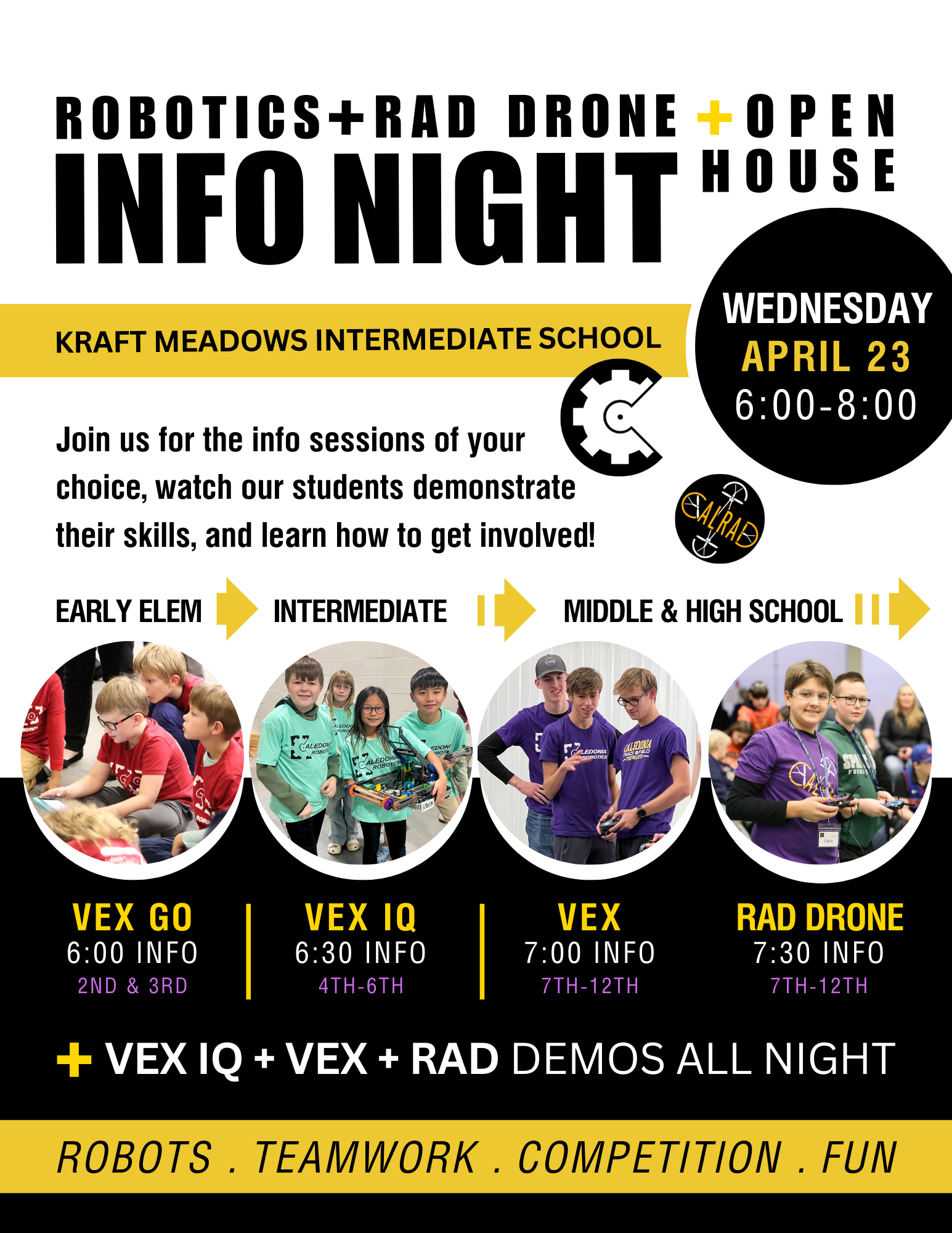 Flyer with photos of students doing robotics, dates and times for information night.