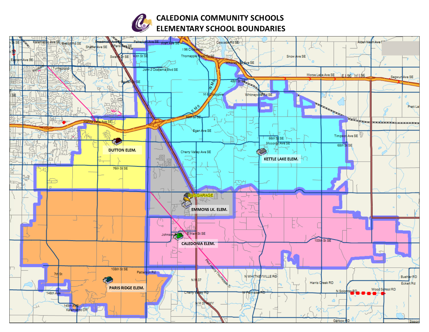Map of Caledonia School District with Elementary Zones with a link to the map as a PDF
