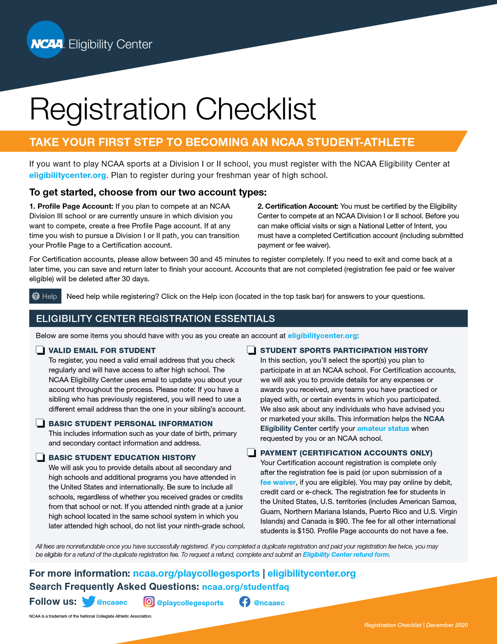 NCAA Registration Checklist